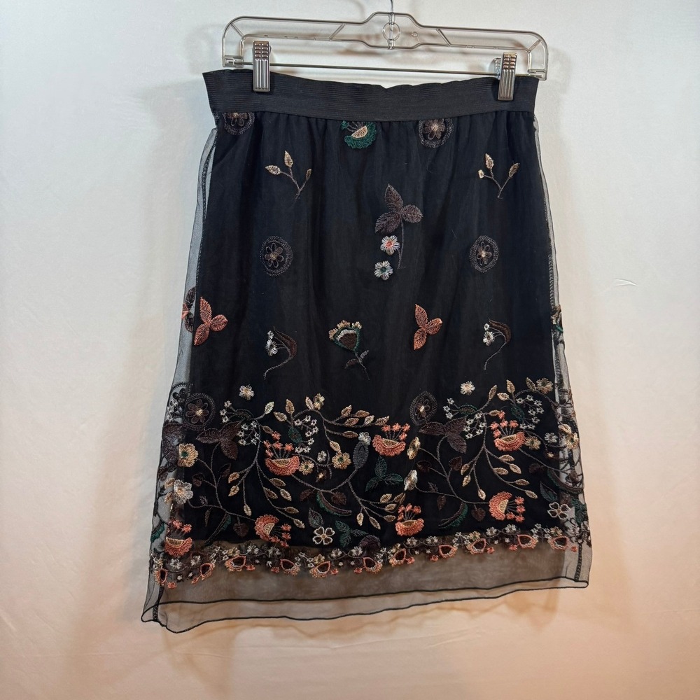 Elena Baldi Floral Embroidered Mesh Skirt Black Made in Italy NWT Size M